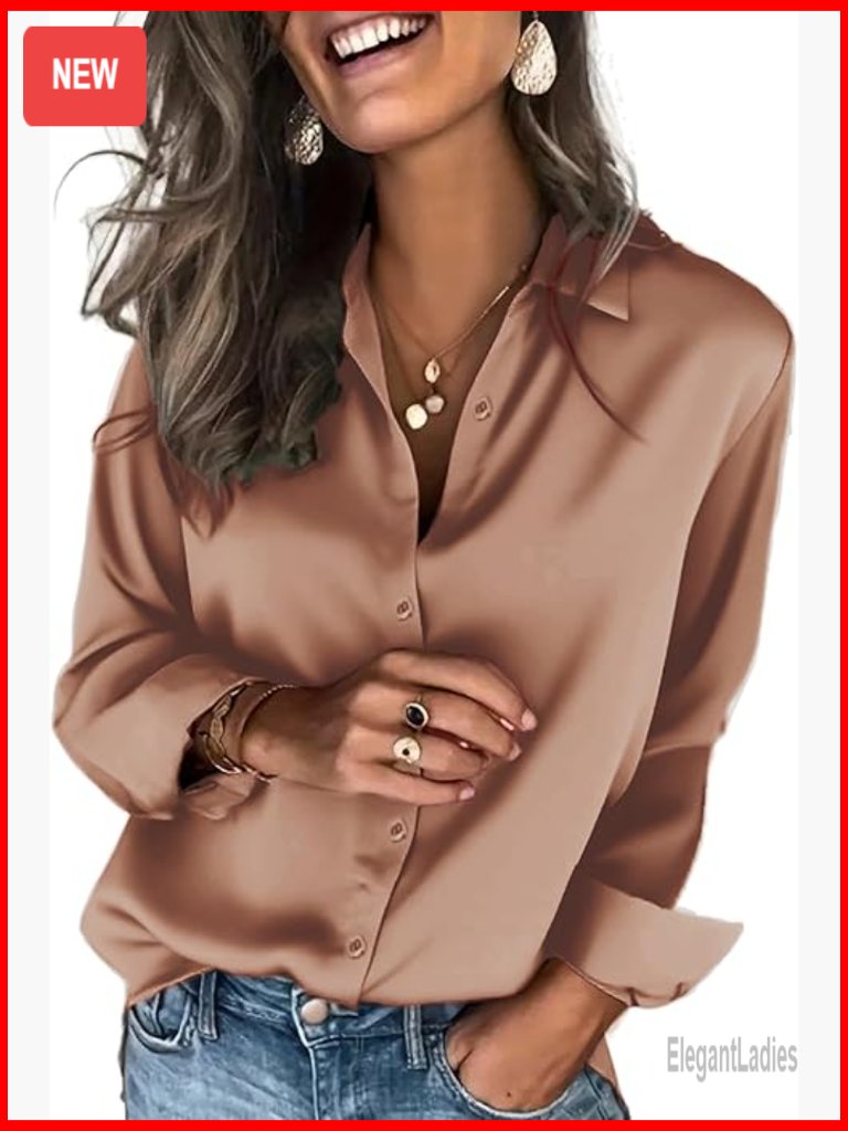Luxurious Satin Button Down Shirt Long Sleeve Business Casual Tops Blouse